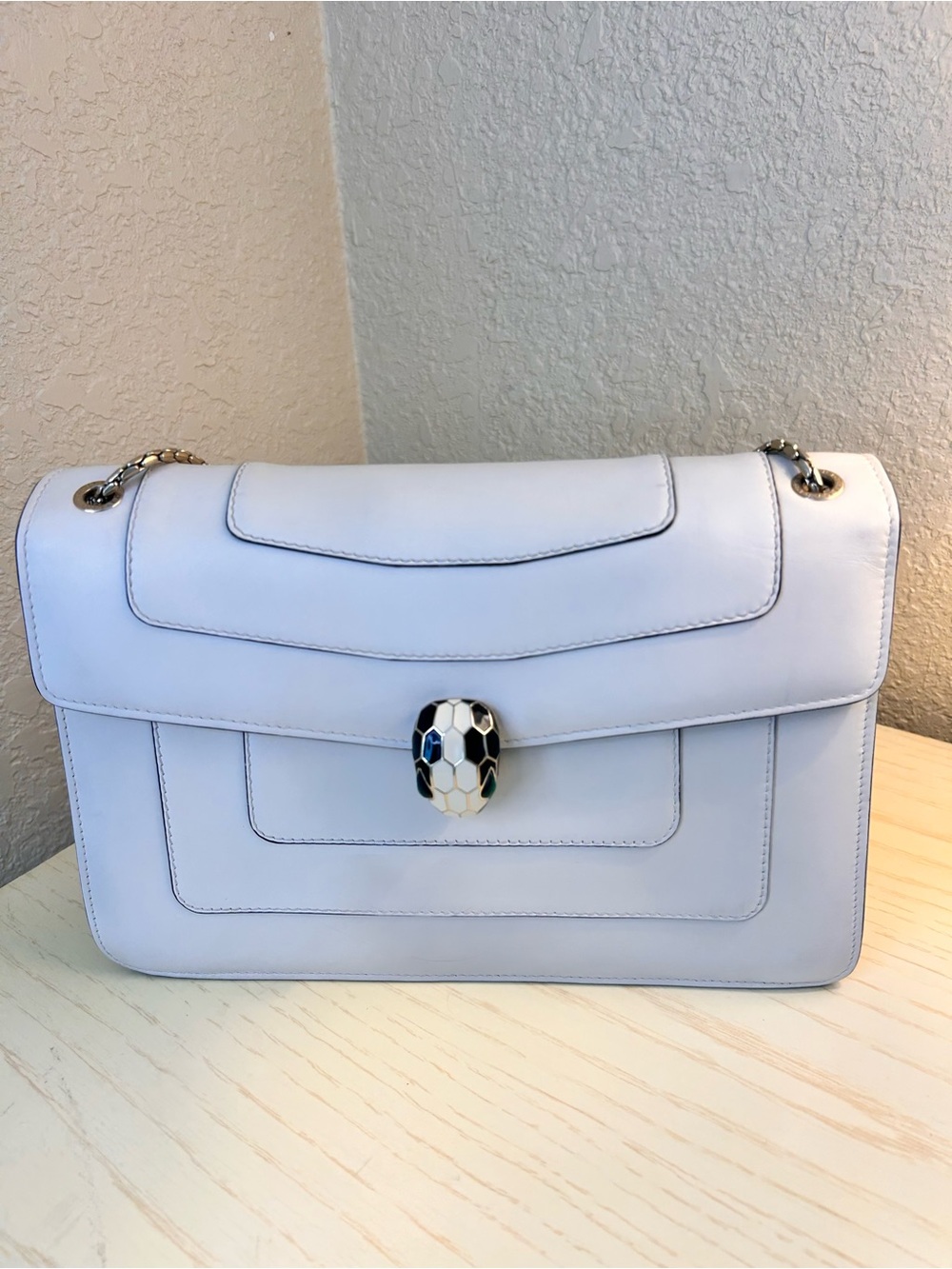 BVLGARI Serpenti Forever Leather Flap Shoulder Bag Gold Chain Off White (Medium)